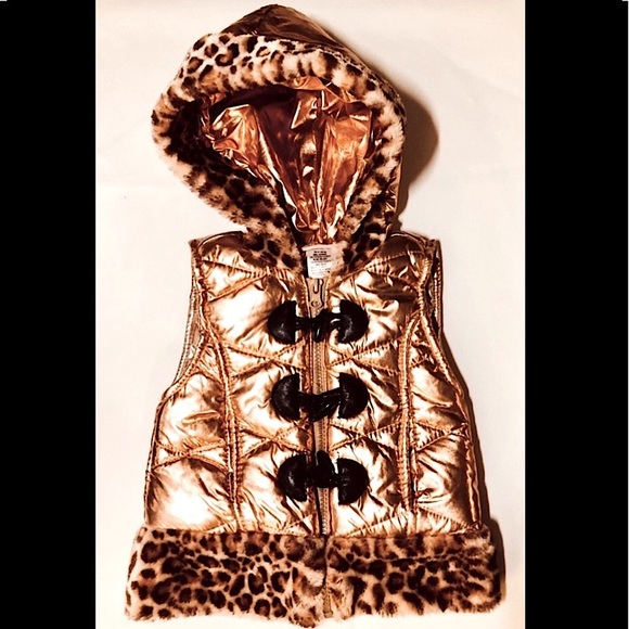 Little Lass Other - JACKET VEST LEOPARD TRIM HOODIE ZIP FRONT SUPER SOFT ROSE GOLD MATERIAL 18mo NEW